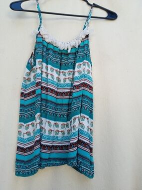 Umgee Teal, White and Brown Boho Striped Tank with Lace Trim